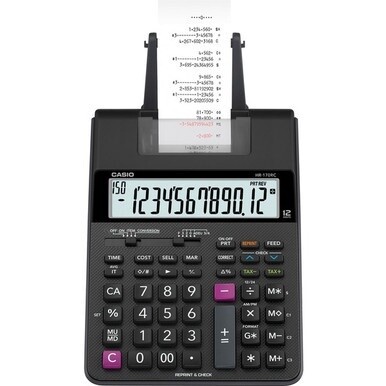 Casio HR-170RC Printing Calculator - Dual Power, Two-color Printing, Easy-to-read Display, Sign Change, Compact - 12 Digits - LCD - AC Supply/Battery Powered - 4 - AA - 2.6&quot; x 6.5&quot; x 11.6&quot; - Black - P
