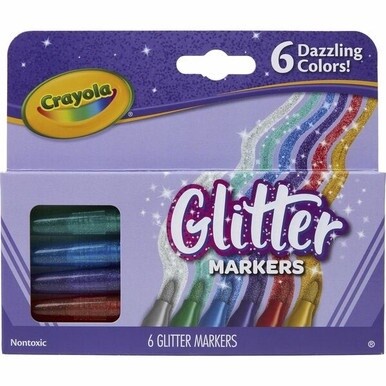 Crayola 6 Color Glitter Markers - Bullet Marker Point Style - Fire Flecks, Gold Dust, Violet Glitz, Emerald Zest, Blue Blazes, Silver Sparks - 6 / Set
