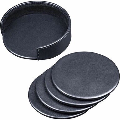 Dacasso Coaster with Holder - 4 Coaster of 4&quot; Diameter - Circle - Black - Leather - 1 Set