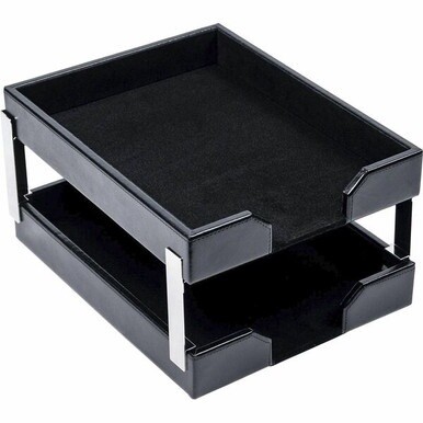 Dacasso Bonded Leather Double Letter Trays - Desktop - Black - Bonded Leather, Velveteen - 1 Each