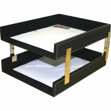 Dacasso Double Front Load Stacking Letter Tray - 2&quot; x 10.6&quot; - Leather - Black