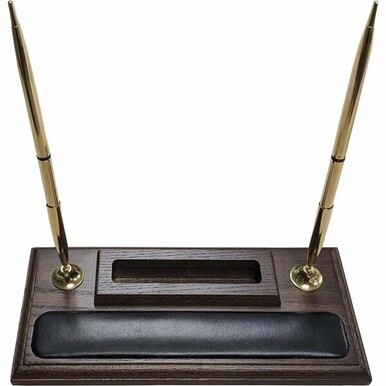 Dacasso Walnut &amp; Leather Double Pen Stand/Cell Phone Holder - Leather, Wood, Rubber - 1 Each - Black, Walnut