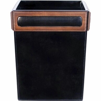 Dacasso Walnut &amp; Leather Waste Basket - 3.50 gal Capacity - Wood, Top Grain Leather, Velveteen - Black - 1 Each