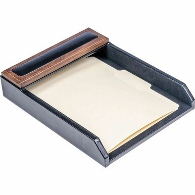 Dacasso Walnut &amp; Leather Letter Tray - 9.25&quot; x 12.25&quot;Desktop - Black - Top Grain Leather, Walnut, Wood, Velveteen - 1 Each