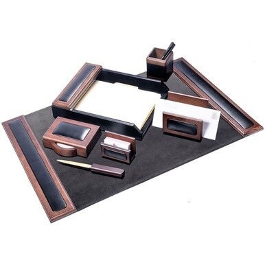 Dacasso Walnut &amp; Leather Desk Set - Velveteen, Leather, Walnut - Black - 1 Each