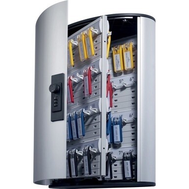 DURABLE&amp;reg; Brushed Aluminum Combo Lock 72-Key Cabinet - 11-3/4&quot; W x 11&quot; H x 4-5/8&quot; D - Combination Locking Door - Aluminum