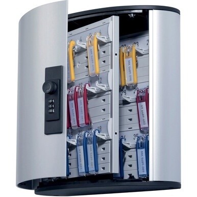 DURABLE&amp;reg; Brushed Aluminum Combo Lock 36-Key Cabinet - 11-3/4&quot; W x 11&quot; H x 4-5/8&quot; D - Combination Locking Door - Aluminum