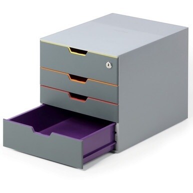 DURABLE&amp;reg; VARICOLOR&amp;reg; Keyed Lock Desktop 4 Drawer Organizer - 11&quot; W x 11-3/8&quot; H x 14&quot; D - 4 Drawers - Loackable Top Drawer - Color Labeled Tabs - Charcoal
