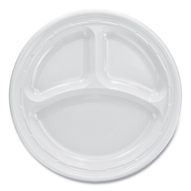 Plastic Plates, 3-Compartment, 9&quot; dia, White, 125/Pack, 4 Packs/Carton