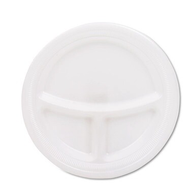 Mediumweight Foam Plates, 3-Compartment, 9&quot; dia, White, 125/Pack