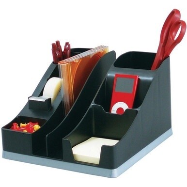 Deflecto Silouettes All-in-One Caddy - 6 Compartment(s) - 5.2&quot; Height x 8.1&quot; Width x 9.1&quot; DepthDesktop - Cable Management, Removable Divider - Silver - 1 Each