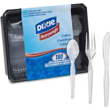Dixie Heavyweight Disposable Forks, Knives &amp; Teaspoons Keeper Pack Grab-N-Go by GP Pro - 180/Box - Cutlery Set - 60 x Teaspoon - 60 x Fork - 60 x Knife - Crystal