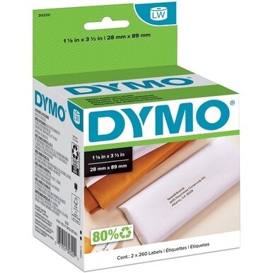 Dymo High-Capacity Address Labels - 1 1/8&quot; Width x 3 1/2&quot; Length - Permanent Adhesive - Rectangle - Direct Thermal - White - Paper - 260 / Roll - 520 / Box - Self-adhesive