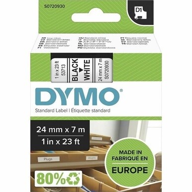 Dymo S0720930 D1 53713 Tape 24mm x 7m Black on White - 15/16&quot; Width x 22 31/32 ft Length - Black on White - 1 Each - Easy Peel, Durable