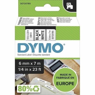 Dymo S0720780 D1 43613 Tape 6mm x 7m Black on White - 15/64&quot; Width x 22 31/32 ft Length - Black on White - 1 Cassette - Easy Peel, Durable