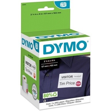 Dymo LabelWriter Time-expire Name Badge Labels - 2 1/4&quot; Width x 4&quot; Length - Rectangle - White - 250 / Roll - 250 / Roll