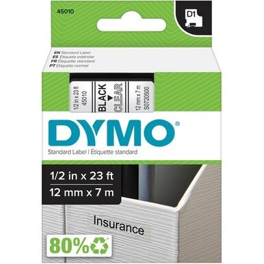 Dymo D1 Electronic Tape Cartridge - 1/2&quot; Width x 23 ft Length - Rectangle - Thermal Transfer - Clear - Polyester - 1 Each - Scratch Resistant, Chemical Resistant