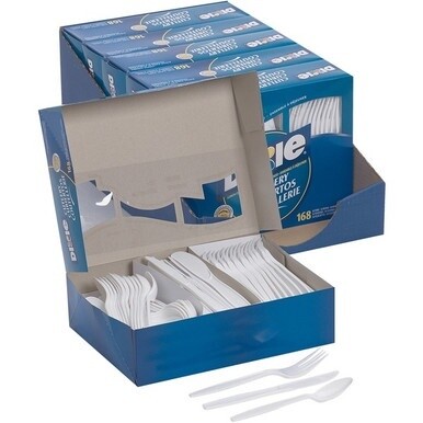 Dixie Heavyweight Disposable Forks, Knives &amp; Spoons Combo Boxes by GP Pro - 168 / Box - 6/Carton - Cutlery Set - 56 x Spoon - 56 x Fork - 56 x Knife - White
