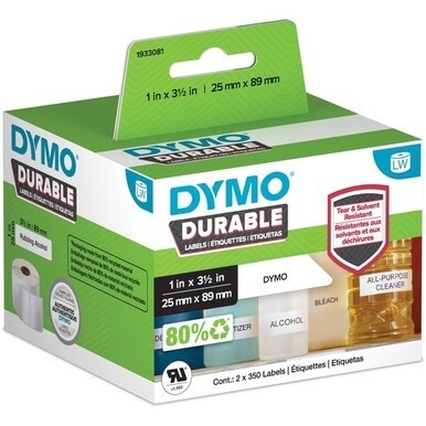 Dymo LabelWriter ID Label - 63/64&quot; Width x 3 1/2&quot; Length - Rectangle - White - Polypropylene - 700 / Roll - 700 Total Label(s) - 1 Each