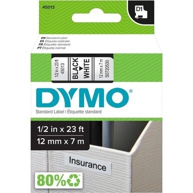 Dymo D1 Electronic Tape Cartridge - 1/2&quot; Width - Thermal Transfer - White - Polyester - 1 Each