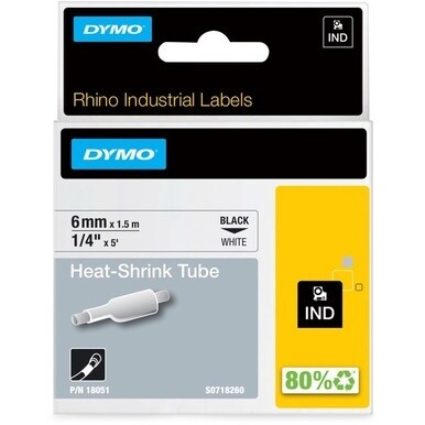 Dymo Rhino Heat Shrink Tube Labels - 1/4&quot; Width - Thermal Transfer - White - Polyolefin - 1 Each