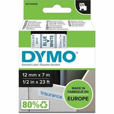 Dymo D1 Electronic Tape Cartridge - 1/2&quot; Width x 23 ft Length - Blue, White - 1 Each - Easy Peel, Durable