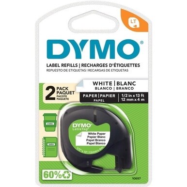 Dymo LetraTag Electronic Labelmaker Tape - 1/2&quot; Width - Direct Thermal - White - Paper - 2 / Pack - Easy Peel