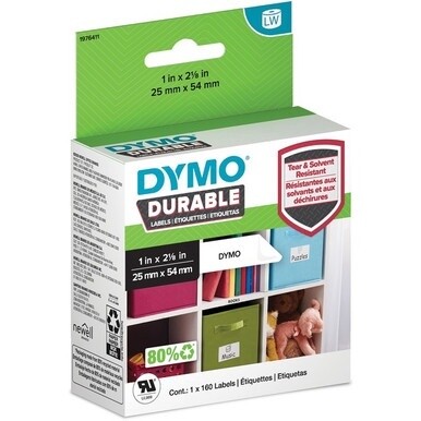 Dymo LabelWriter Labels - 1&quot; Width x 2 1/8&quot; Length - Permanent Adhesive - Thermal Transfer - White - Plastic, Polypropylene - 160 / Roll - 160 Box - Water Resistant