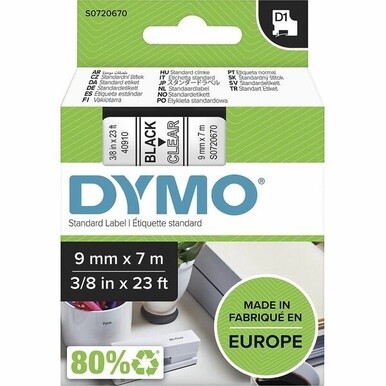 Dymo S0720670 D1 40910 Tape 9mm x 7m Black on Clear - 23/64&quot; Width x 22 31/32 ft Length - Black on Clear - 1 Each - Easy Peel, Durable