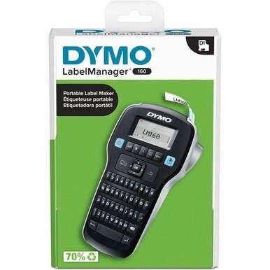 Dymo LabelManager 160 Portable Label Maker - 0.25&quot; , 0.38&quot; , 0.50&quot; - Battery - Black - Handheld - Auto Power Off, English Layout Keyboard, Compact, Lightweight, Portable