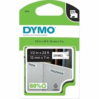 Dymo D1 Electronic Tape Cartridge - 1/2&quot; Width x 23 ft Length - Removable Adhesive - White/Black - 1 Each - Removable, Easy Peel, Durable