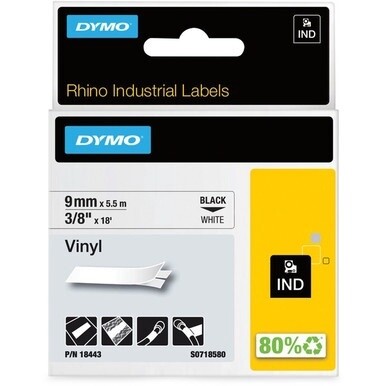 Dymo Rhino Industrial Vinyl Labels - 23/64&quot; Width x 18 3/64 ft Length - Permanent Adhesive - Rectangle - Thermal Transfer - Black on White - Vinyl - 1 Each - Scratch Resistant, Oil Resistant