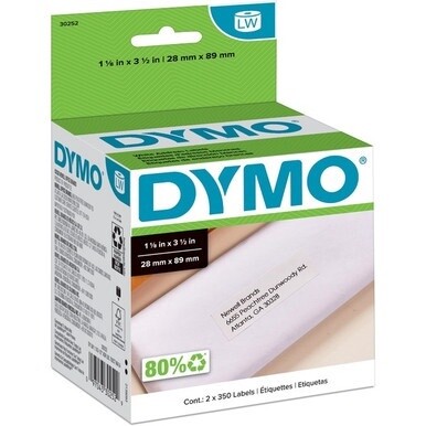 Dymo LabelWriter Address Labels - 1 1/8&quot; Width x 3 1/2&quot; Length - White - Paper - 350 / Roll - 2 / Box - Self-adhesive