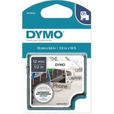 Dymo D1 Flexible Nylontape 12mm - 15/32&quot; Width - Permanent Adhesive - Arched Rectangle - Black, White - Nylon - Self-adhesive, Flexible