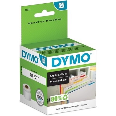 Dymo 30327 Labelwriter File Folder Labels - 9/16&quot; Width x 3 7/16&quot; Length - Direct Thermal - White - 130 / Roll - 260 / Box