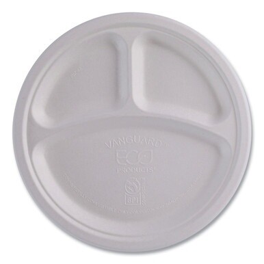 Vanguard Renewable and Compostable Sugarcane Plates, 3-Compartment, 10&quot; dia, White, 500/Carton