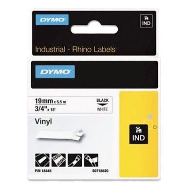 Rhino Permanent Vinyl Industrial Label Tape, 0.75&quot; x 18 ft, White/Black Print