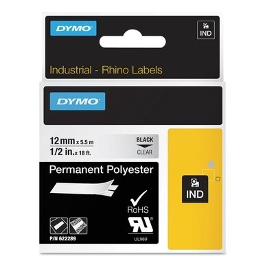 Rhino Permanent Vinyl Industrial Label Tape, 0.5&quot; x 18 ft, Clear/Black Print
