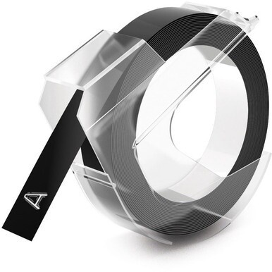 Dymo LT Embossing Labels 3/8&quot; - 3/8&quot; Width x 12 ft Length - Rectangle - Glossy - Black - Self-adhesive