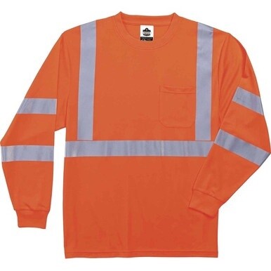 GloWear 8391 Type R Class 3 Long Sleeve T-Shirt - Small Size - Polyester - Orange - Breathable, Moisture Resistant, UV Resistant, Reflective, Heat Resistant, Chest Pocket - 1 Each