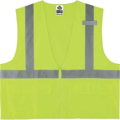 GloWear 8225Z Type R Class 2 Standard Solid Vest - Small/Medium Size - Zipper Closure - Fabric, Polyester - Lime - Pocket, Mic Tab, Reflective - 1 Each