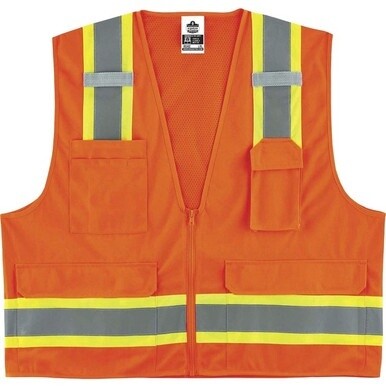 GloWear 8248Z Type R Class 2 Two-Tone Surveyors Vest - 2-Xtra Large/3-Xtra Large Size - Zipper Closure - Poly, Mesh - Orange - Pocket, Mic Tab, Reflective - 1 Each