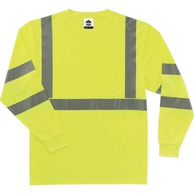 GloWear 8391 Type R Class 3 Long Sleeve T-Shirt - 4-Xtra Large Size - Polyester - Lime - Breathable, Moisture Resistant, UV Resistant, Reflective, Heat Resistant, Chest Pocket - 1 Each