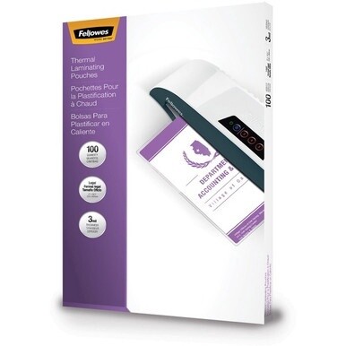 Fellowes Legal-Size Glossy Thermal Laminating Pouches - Sheet Size Supported: Legal - Laminating Pouch/Sheet Size: 9&quot; Width x 3 mil Thickness - Type G - Glossy - for Document - Durable - Clear - 100 /