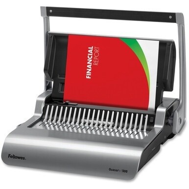Fellowes Quasar&amp;trade;+ 500 Comb Binding Machine w/ Starter Kit - CombBind - 500 Sheet(s) Bind - 25 Punch - 5.1" x 18.1" x 15.4" - Metallic Silver, Black
