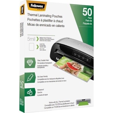 Fellowes Letter-Size Thermal Laminating Pouches - Sheet Size Supported: Letter 8.50" Width x 11" Length - Laminating Pouch/Sheet Size: 9" Width5 mil Thickness - Glossy - for Document - Photo-safe, Dur