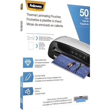 Fellowes Letter-Size Thermal Laminating Pouches - Sheet Size Supported: Letter 8.50" Width x 11" Length - Laminating Pouch/Sheet Size: 9" Width3 mil Thickness - Glossy - for Document - Photo-safe, Dur