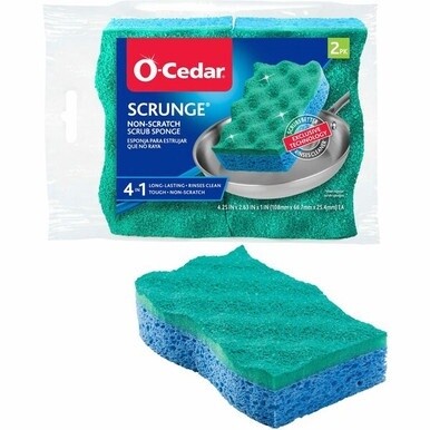 O-Cedar Scrunge Non-Scratch Scrub Sponge - 4.2&quot; Width x 2.6&quot; Depth x 4.2&quot; Length - 2/Pack - Cellulose, Synthetic Fiber - Multi, Blue, Green