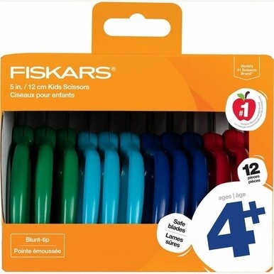 Fiskars 5&quot; Blunt-tip Kids Scissors - Safety Edge Blade - Blunted Tip - Green, Turquoise, Blue, Red - 12 / Pack
