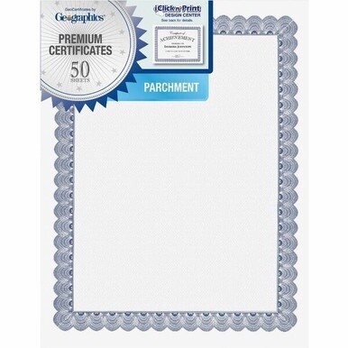 Geographics Conventional Blue Certificate - 24 lb Basis Weight - 11&quot; x 8.5&quot; - Inkjet, Laser Compatible - Blue with White Border - Parchment Paper - 50 / Pack
